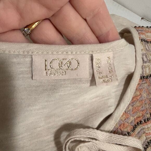 LOGO Lavish Cream tie front top 3/4 sleeve brocade bead embellished Boho size S - Picture 8 of 9
